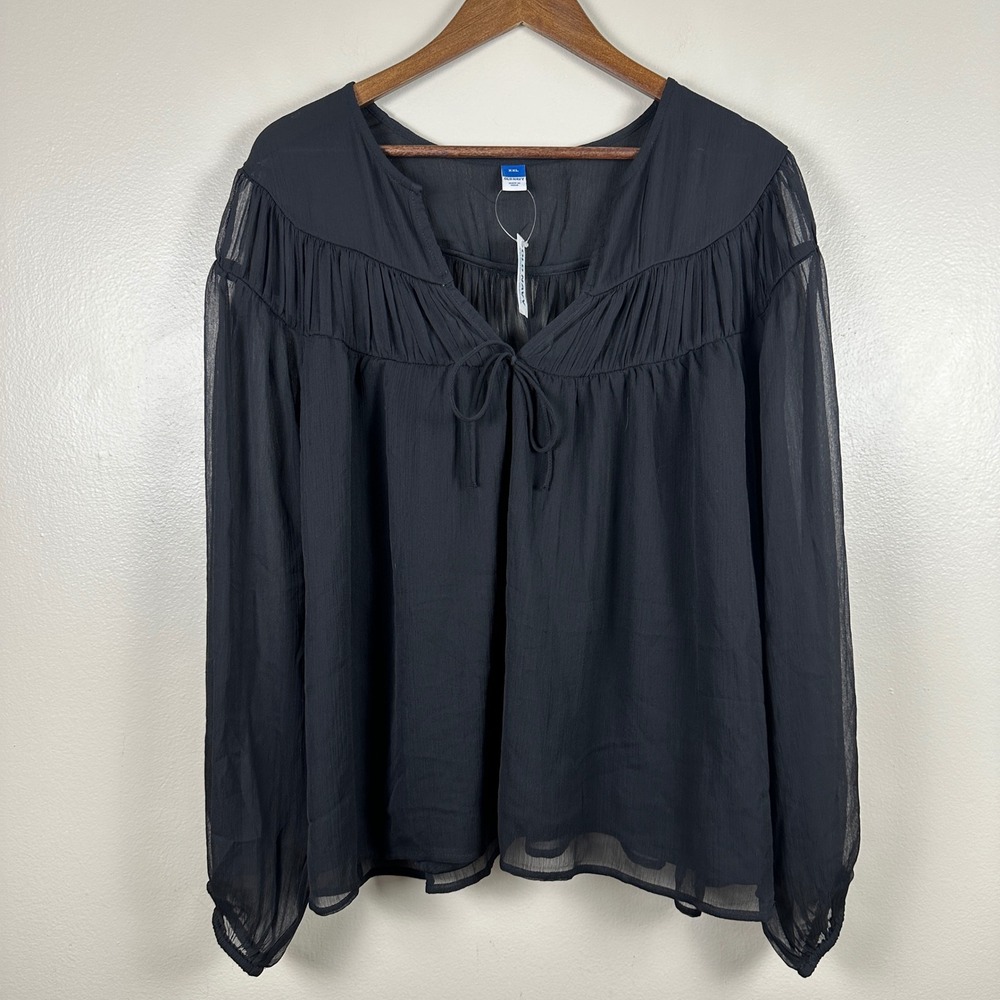 Old Navy Women's XXL Blouse Black Chiffon‎ Tie Front Long Sleeve NEW